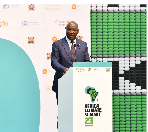 Equity Group Managing Director and CEO Dr. James Mwangi presents the private sector statement of commitment to combating climate change on behalf of the private sector during the closing of the 2023 Africa Climate Summit