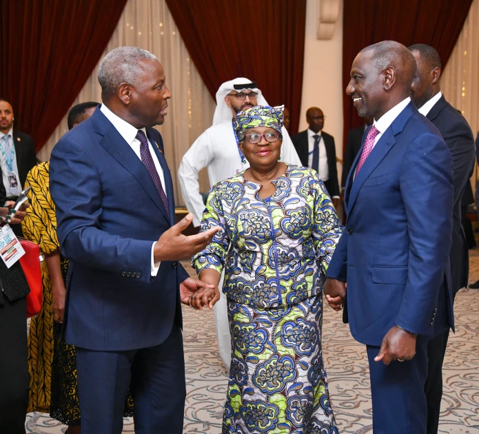 (L-R) President of the Republic of Kenya, H.E. Dr. William Ruto, World Trade Organization Director General Dr. Ngozi Okonjo-Iweala and Equity Group Managing Director and CEO Dr. James Mwangi at the Africa Green Industrialization Dinner, which was co-hosted by The Government of Kenya alongside Equity Group, on the sidelines of COP28 in Dubai. Equity Group joined forces with governments and private sector players at COP28 in a multi-sectoral approach to tackle climate change and showcased its achievements as a catalyst for sustainable economic and social development in Africa through its strategy and development framework, the Africa Recovery and Resilience Plan.